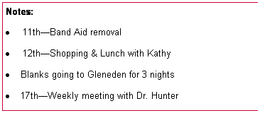 Text Box: Notes:
�&nbsp;11th�Band Aid removal
�&nbsp;12th�Shopping & Lunch with Kathy
�&nbsp;Blanks going to Gleneden for 3 nights
�&nbsp;17th�Weekly meeting with Dr. Hunter
